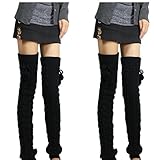 Leg Warmer, V28 Women Ladies Girl Thick Ribbed Cable Knit Trimmed Pompon Soft (2 Pack (Black + Black))