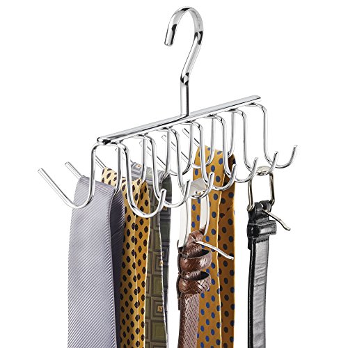 iDesign Axis Metal Hanger, Hanging Closet Organization Storage Holder, Men's Ties, Women's Shawls, Pashminas, Scarves, Clothing, Accessories, 14 Hooks, Tie and Belt Rack,Silver