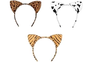 3 PCS Cat Ear Headbands Plush Leopard Cows Tiger Headbands Animals Hair Hoop for Party Christmas Halloween Costume