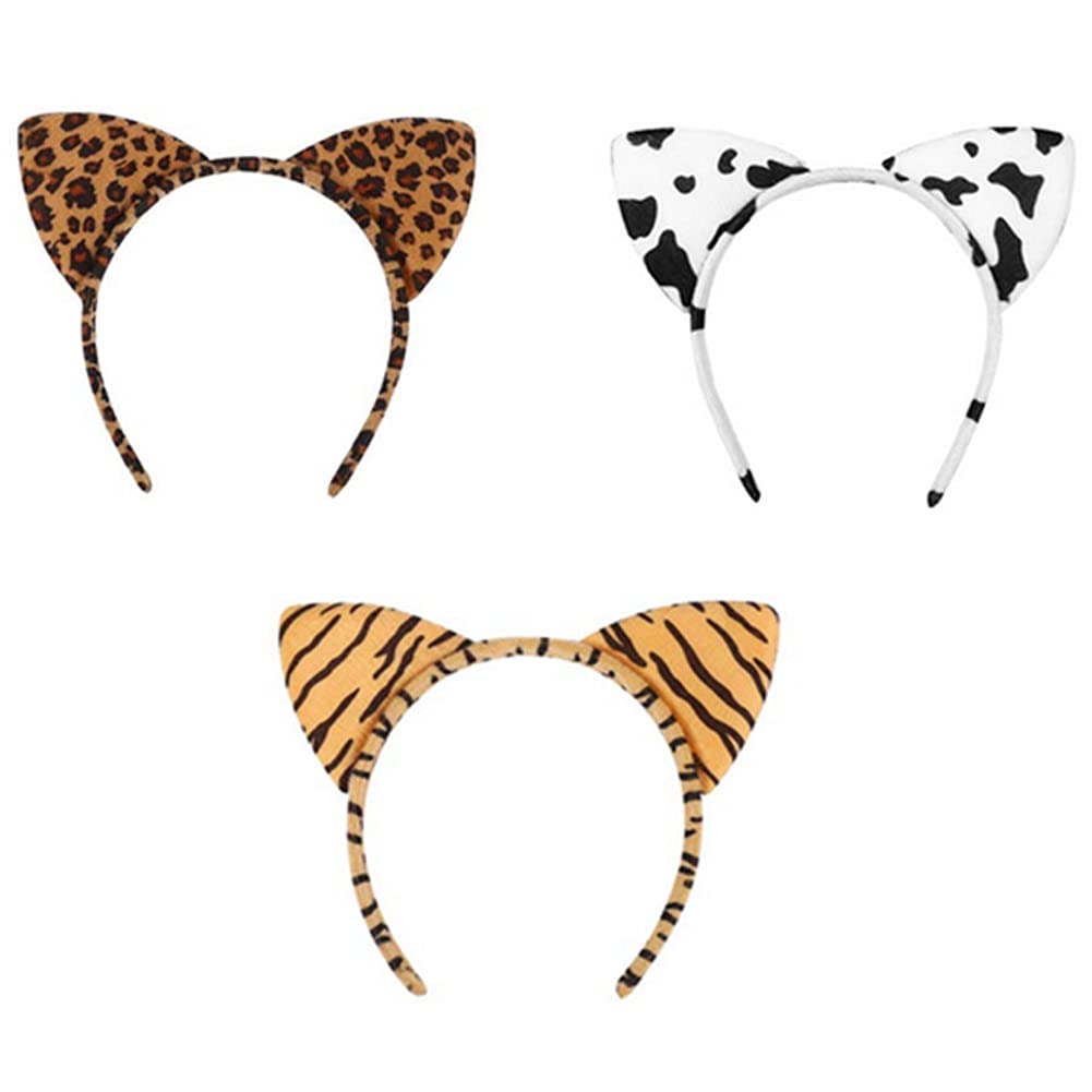 3PCS Cat Ear Headbands Cosplay Hair Hoop Hair Accessory Plush Leopard Cows Tiger Headbands for Party Christmas Halloween Costume