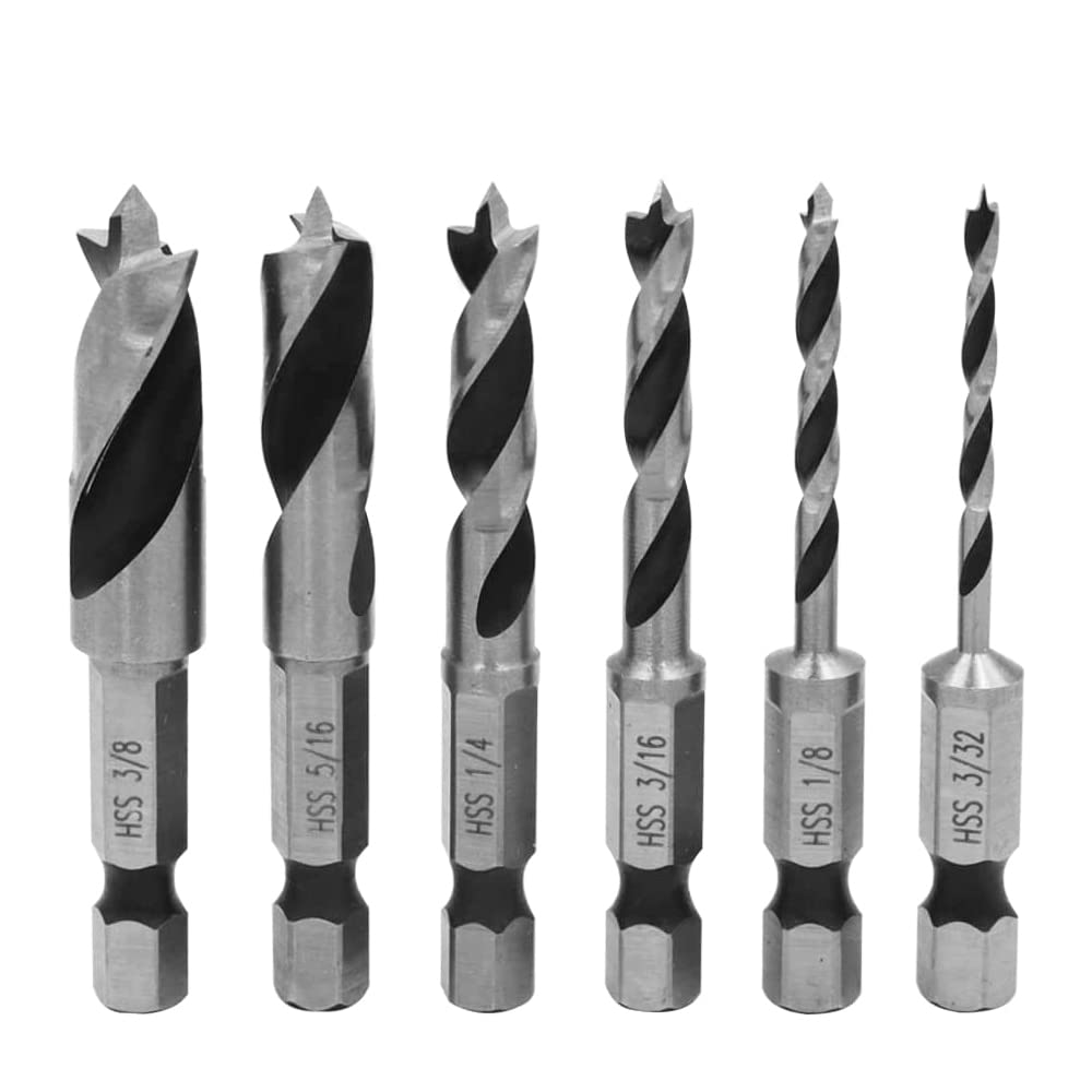 Bestgle 6Pcs Brad Point Drill Bits Set, 1/4" Hex Shank HSS Spiral Twist Wood Drill Bit Set for Soft, Hard, Veneered, Laminated Wood MDF Acrylic Woodworking Tool 3/8", 5/16", 1/4", 3/16", 1/8", 3/32"