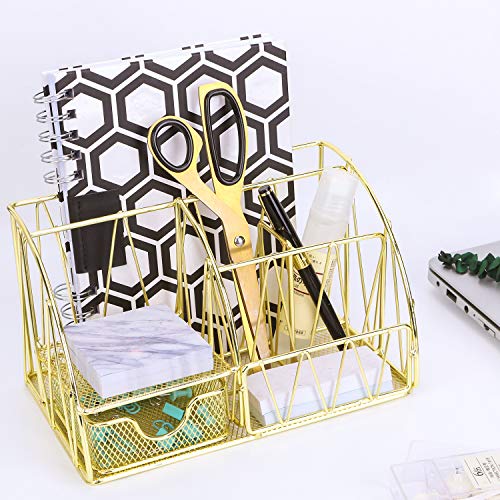 Z-PLINRISE-Desk-Accessories-Organizer-5-Compartments-with-Drawer-Letter-Holder-2-Pen-Holders-Sticky-Note-Holder-and-Accessory-Slot-Wire-Stationery-Caddy-for-Office-Supplies-Gold