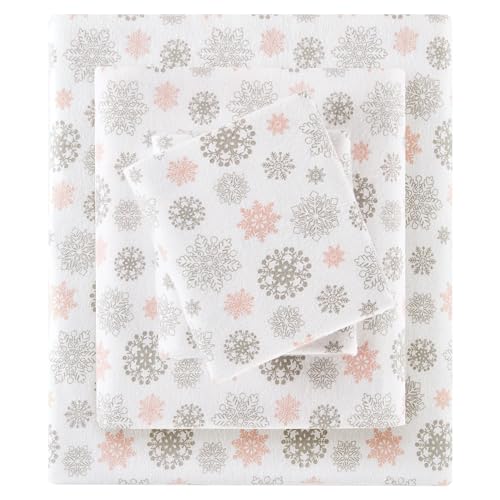 True North by Sleep Philosophy Cozy flanella calda 100% cotone lenzuolo – Novita stampa animali stelle carino ultra morbido freddo set biancheria da letto king, rosa/grigio fiocchi di neve 4 pezzi