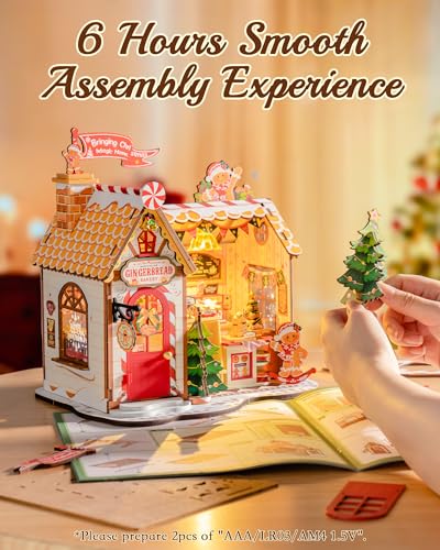 ROBOTIME DIY Miniature House Kit, Tiny House Book Nook for Family and Friends, Mini Wooden Dollhouse Kit for Halloween/Christmas/Birthday Gifts（Gingerbread House）