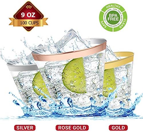 Moviltex 100 Pack 9oz Plastic Disposable Cups - Elegant Party Rimmed Glasses with Metallic Trim - BPA-Free, Non-Toxic, Eco-Friendly, Fancy Glassware Alternative for Wine & Champagne (Silver)