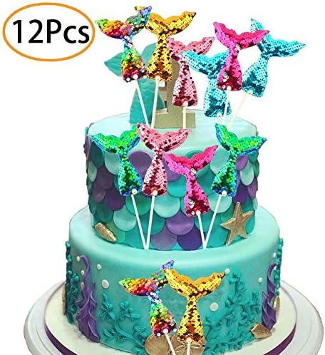 12pcs Sequin Mermaid Party Decorations Colorful Mermaid Cake Topper Cupcake Picks Under the Sea Party Favors Supplies for Baby Shower, Bridal Shower and Birthday Party