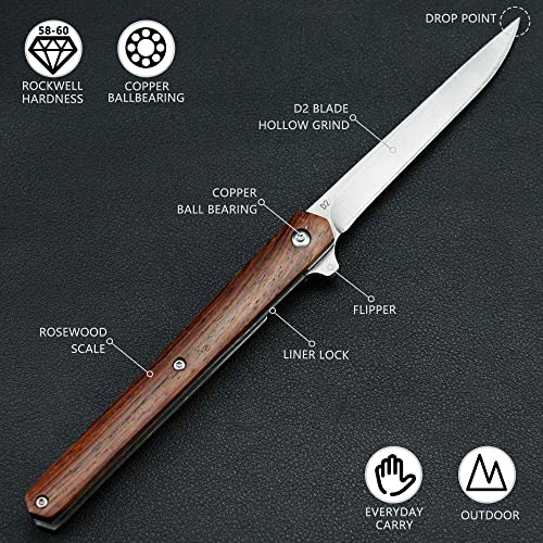 Carimee Folding Pocket Knife 4 inch Slim Pocket Knife with Case D2