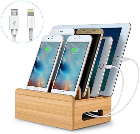Charging Station Organizer, Maxnic Bamboo Organizer with Lightning Cable &amp; Micro Cable for Multiple Devices, USB Cord Organizer Stand for Iphone, Tablet and More