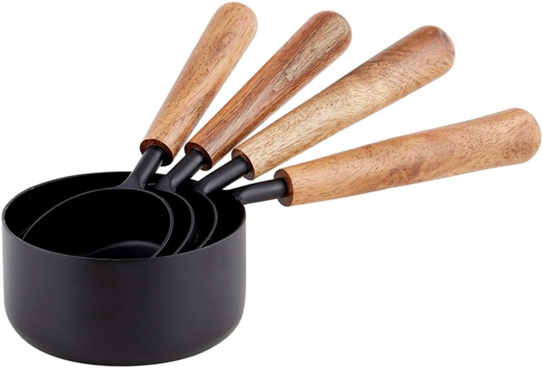 Black Stainless Steel Measuring Cups with Wooden Handles, Set of 4