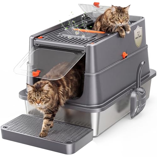 Extra Large Stainless Steel Cat Litter Box with Lid, Enclosed High Sided Metal Litter Pan for Large & Multiple Cats, Dog Proof, Non-Sticky, Anti-Leakage, Easy Clean with Scoop & Step, Dark Grey