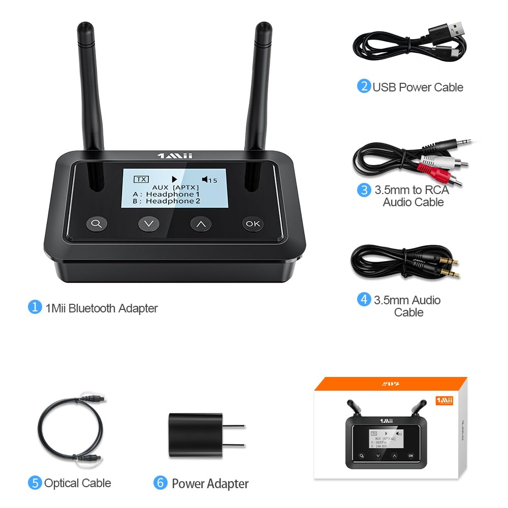 1Mii B03+ Bluetooth Transmitter Receiver for TV Home Stereo, Long Range Bluetooth 5.3 Adapter for TV Audio with Screen, aptX Low Latency & HD & AD, Optical RCA AUX 3.5mm Inputs/Outputs