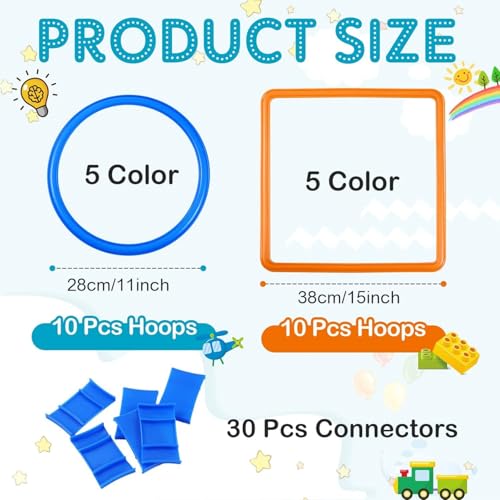 AM ANNA 2 Sets Hopscotch Rings Game for Kids, 20 Plastic Square & Round Hoops with 25 Connectors for Toddlers Gross Motor Skills, Playground Obstacle Course for Toddlers