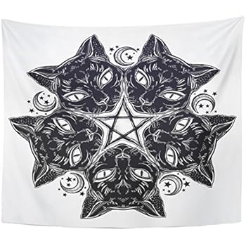 Emvency Tapestry Black Cat Head Round Portrait Madnala Moon Pentagram Ideal Home Decor Wall Hanging for Living Room Bedroom Dorm 50x60 inches