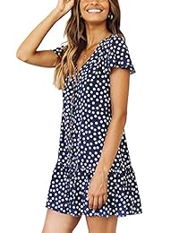 ZODLLS Vestidos de botones con cuello en V y lunares para mujer Volantes Mini camiseta corta Vestido informal suelto