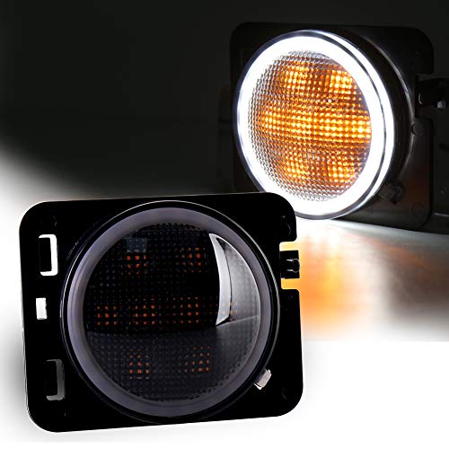 LED Side Marker Lights Amber Turn Signal with White Halo DRL Smoke Lens Replaces 07-17 Jeep Wrangler Front Fender Signal Parking Indicator Lamp