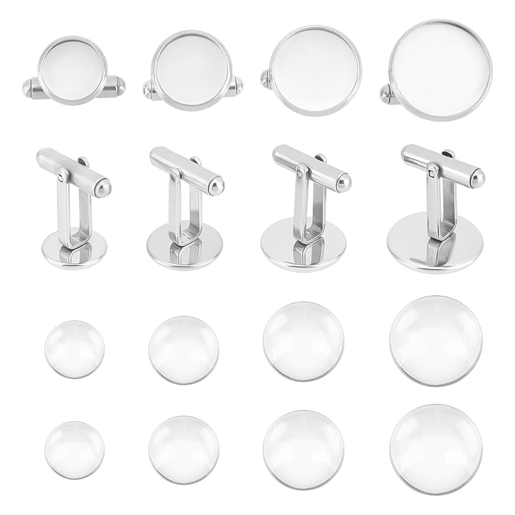 UNICRAFTALE About 4 Sets 4 Sizes 12/14/16/18mm Stainless Steel Cufflinks with Transparent Glass Cabochons Flat Round Cuff Button Cabochons Tray Bezel Cufflink Blanks Setting, Stainless Steel Color — image 1