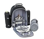 Picnic Backpack for 2 by Mister Alfresco, Stylish Black Color With Insulated Cooler Compartment 2 Detachable Bottle/Wine Holders Fleece Blanket Flatware and Plates. Light-weight, Versatile