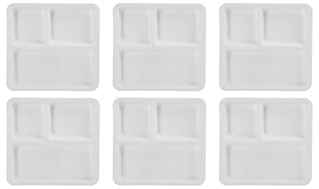 LIFEPLAST Partitioned set Microwave Safe 3 compartment divided dinner plates - Set of 6 (Square, White)