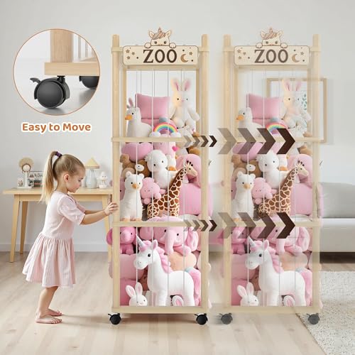 Stuffed Animal Storage Zoo Tower, 142.5cm Wooden Large Stuffed Animal Holder Organizer with Wheels, Stuffy Plushies Storage with Elastic Band&Mesh Bottom, Toy Storage Organizers for Playroom Bedroom