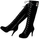 getmorebeauty Womens Knee High Boots Suede Buckle Rock Lace Up Zipped Thigh High Heel Boots