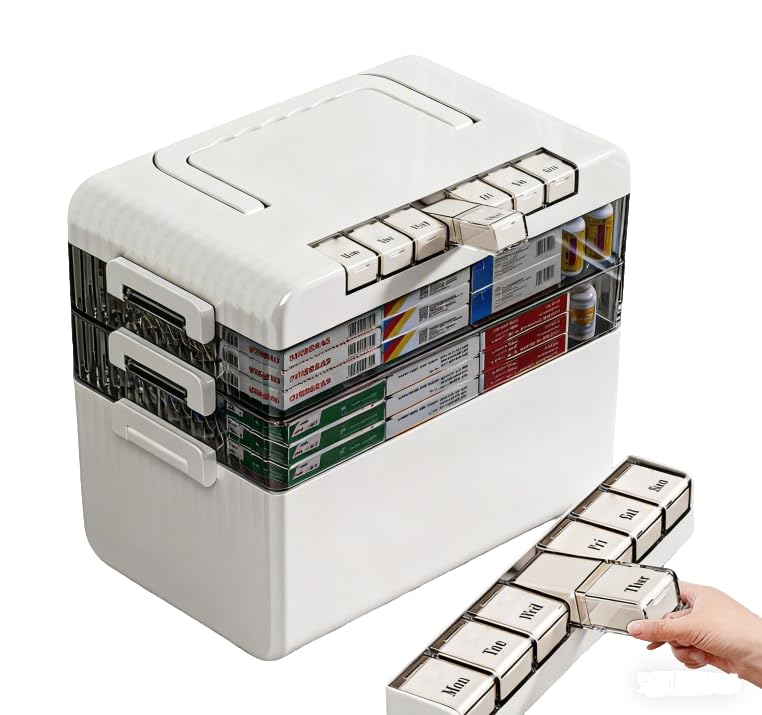 Photo 1 of ***FACTORY SEALED***Famly Candlight 2026 New Model Release 3-Tier Portable Medicine Box Organizer Storage (Extra Large) 15.75x9.06x13.39 Inch?Buy 1 Large, Get 7 Small Free (Comes with 7 Daily Pill Cases)