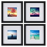 UPGRADED Tempered Glass 4PCs 8x8 Picture Frames Black with 1 Mat for 4x4 Pictures, Wood Instagram Photo Frames