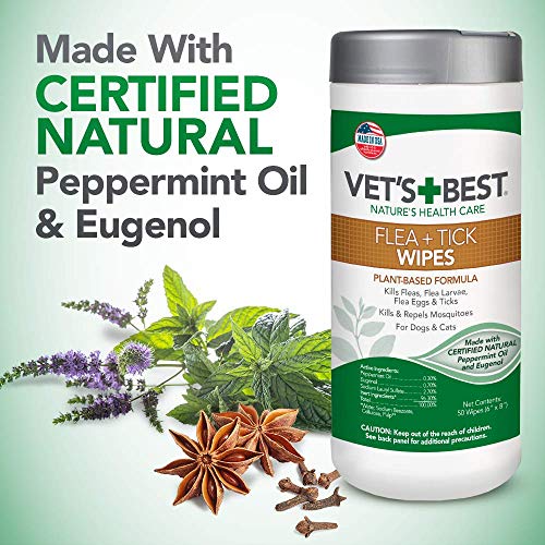 Vet's Best Flea and Tick Wipes for Dogs and Cats | Targeted Flea & Tick Application | Multi-Purpose Flea Treatment for Dogs and Cats | 50 Wipes