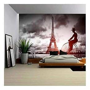 Man on Retro Bicycle Next to Eiffel Tower, Paris, France - Removable Wall Mural | Self-Adhesive Large Wallpaper - 66x96 inches