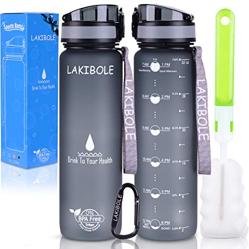 LAKIBOLE 32 oz Water Bottle BPA Free with Time Markers, Tritan Gym Water Bottle for Fitness, Outdoor Enthusiasts, Leakproof & Durable - Gray