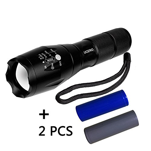 UCero XML-T6 LED Flashlight Outdoor Handheld Portable Tactical and Rechargeable, Water Resistent Brightness Torch Black Aluminum Alloy 5.35-6.22 in , with 2 PCS 18650 Batteries for Outdoor Activities