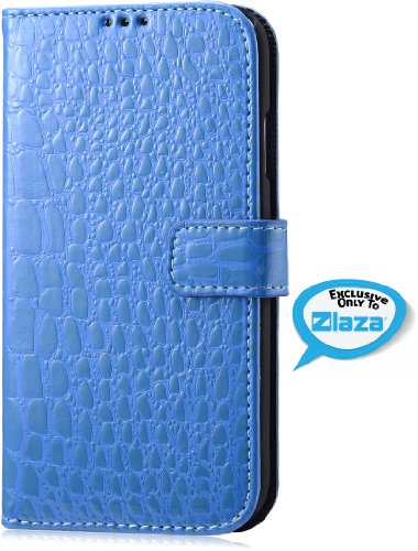 Laza Samsung Galaxy S4 Crocodile Folio Wallet Case with Polycarbonate Shell and Credit/Business Card Holder FITS ALL S4 MODELS S4 Flip Case S4 Wallet Case S4 folio S4 Card Case Swamp Blue