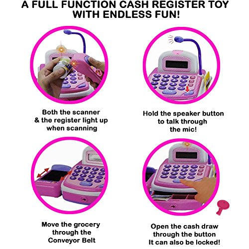 ANJ Kids Toys - Durable Pretend Play Cash Register Toy for Kids | POS Scanner, Microphone, Calculator, Card Terminal and Conveyor Belt | Supermarket Cashier Toy with Play Money and Groceries!