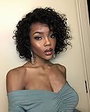 Eayon Hair Short Bob Curly Human Hair Wigs for Women Middle Part Brazilian Virgin Hair Lace Front Wigs with Baby Hair 130% Density Natural Color 10inch