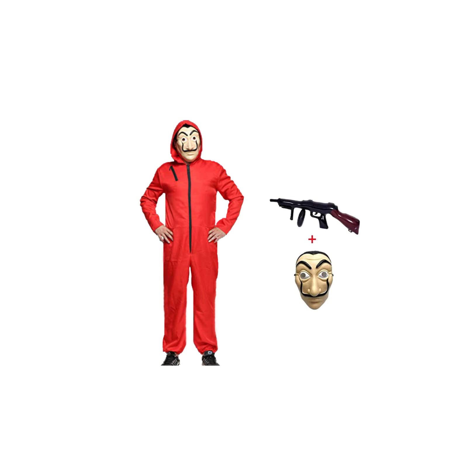 Anxicer Halloween Bank Robber Jumpsuit - Long Sleeve Red Romper with Hood & Mask, Carnival Thief Costume Set (Adult-XXL-185-190)