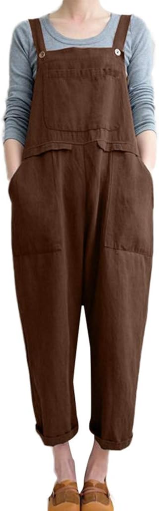 RAISINGTOP Women Overalls and Jumpers Elastic Waist Dungarees Linen Cotton Pockets Rompers Jumpsuit Denim Shorts Pants