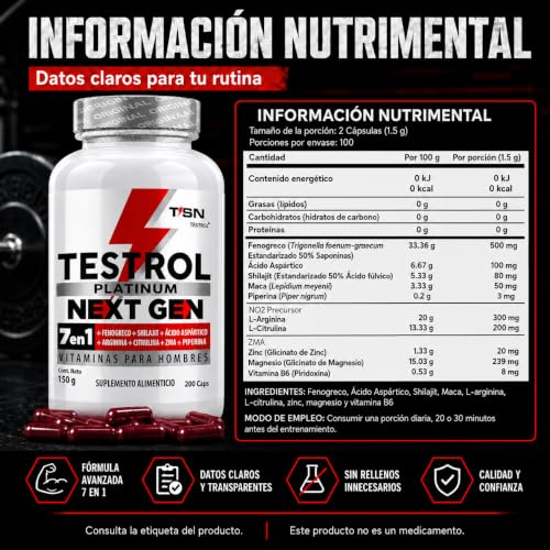 Testrol Platinum Next Gen 7 En 1 para Hombres | Shilajit, Fenogreco, Ácido Aspártico, Maca, Arginina, Citrulina y ZMA | (200 caps)