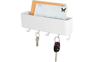 mDesign Plastic Wall Mount Mail and Key Holder with 5 Hooks, Hanger Rack Shelf for Home Entryway, Mudroom, Kitchen, Hold Letters, Cards, Magazines, Coats, Umbrellas, Ligne Collection - White