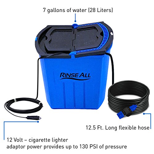 Rinse All EW10 –12V Powered Car Washer Kit - 7 Gallons Portable High Pressure Camping Shower - Car or Pet Washer with easy Twist On Off Flow Shower Head-12.5 ft Hose and Accessories
