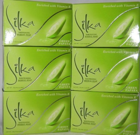 Six (6) Six Silka Green Papaya Whitening Herbal Soap Enriched with Vitamin E, 135g