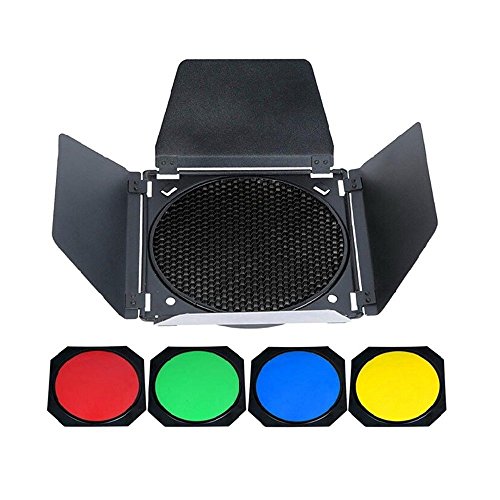 Fotoconic 7" Standard Reflector Bowens Mount with Umbrella Hole and BD-04 Barndoor with Honeycomb Grid & Color Filter Gel Set