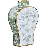 Andaliz Hand-Painted Floral Ceramic Vase Gold Trim, Blue White Chinoiserie Vase Home Decor, 13.6 Inch Decorative Vase for Tabletop, Shelf, Mantel