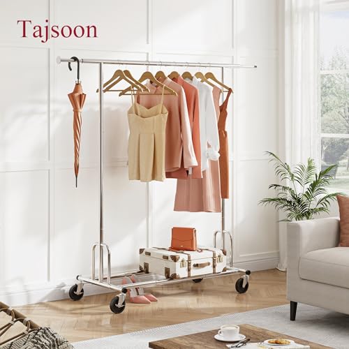Tajsoon Heavy Duty Clothes Rack Foldable Garment Rack with Wheels and Extendable Rod, Freestanding Clothing Rack for Hanging Clothes, Adjustable ＆ Collapsible Rolling Racks with Bottom Shelf, Chrome