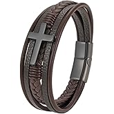 REchoLI Cross Bracelet for Men,Black Cross Multi-Layer Braided Leather Brown Religious Bracelet with Stainless Steel Buckle Christian Jewelry 21 cm/8.26 inches