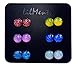 LilMents 6 Pairs of Glitter Sparkle Stainless Steel Stud Earrings (Red Yellow Pink Blues White)