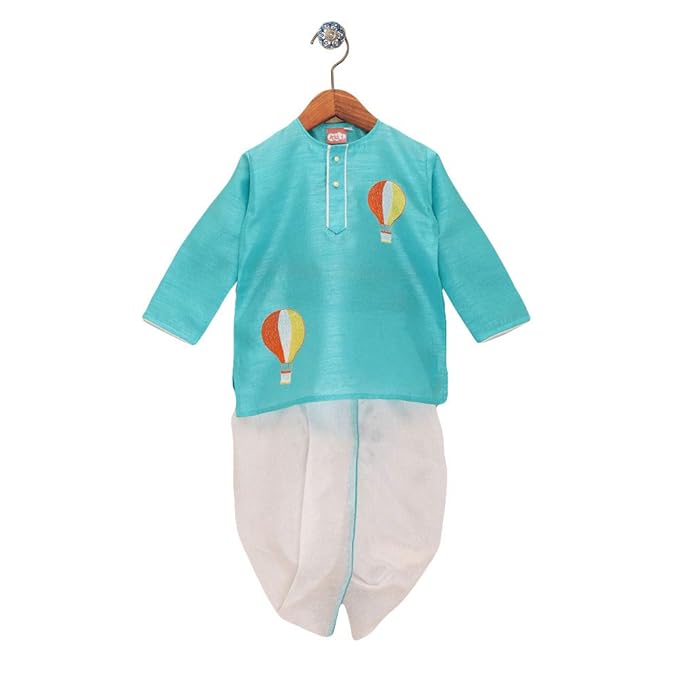Kid1 By Hopscotch Boys Silk Round Neck Balloon Embroidered Kurta Dhoti in Blue Color