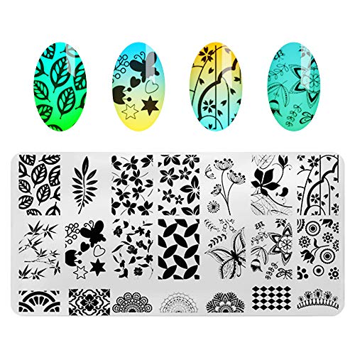 AIMEILI Nail Art Stamping Templates Manicure Tool Kit, 5pcs Nail Stamping Plates, 2 Stamper, 2 Scraper, 1 Latex Peel Off Tape