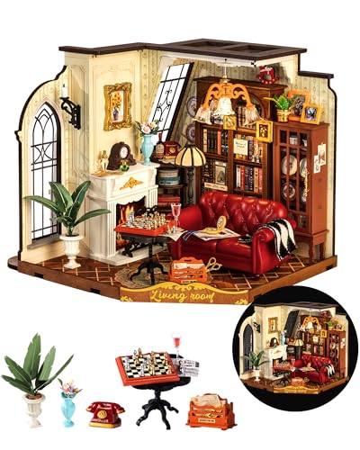 ROBOTIME DIY Miniature House Kit, Mini Dollhouse Kit, Tiny House Kit for Adults, Wooden Furniture Kit with LED, Halloween/Christmas/Birthday Gifts for Family/Friends(Catherine's Living Room)