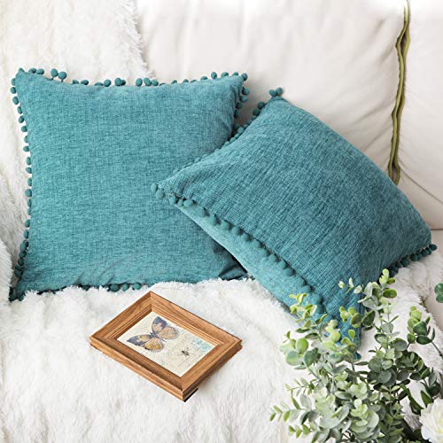 CaliTime Throw Pillow Cases Pack of 2 Cozy Solid Dyed Soft Chenille Cushion Covers with Pom Poms for Couch Sofa Home…