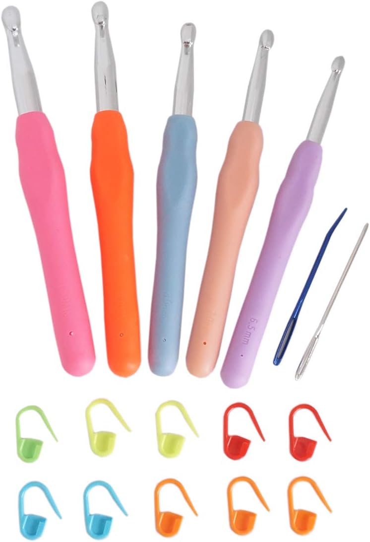 Gnognauq Soft Grip Crochet Hooks 6.5mm/7mm/8mm/9mm/10mm + 10pcs Knitting Marker Buttons + 1pc Elbow Knitting Needles + 1 Large-Eye Needle