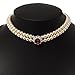 2 Strand Light Cream Imitation Pearl CZ Wedding Choker Necklace (With Ruby Red Coloured Central Stone)